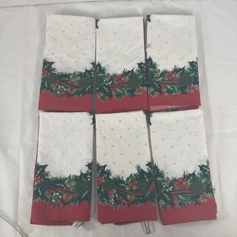 Sunweave Linen Set of 6 Holly & Pinecones Napkins Christmas Holidays Vintage
